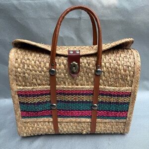 Raffia Straw Tote Bag Mexican Boho Bag Purse Beach Bag Tote w Leather Accent